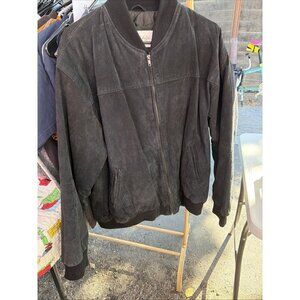 Warm Black/Blue Men's Real Suede Vintage Zip Bomber Jacket, XL, Knit Cuffs/Waist